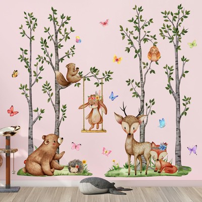 DT-4356 Large 4 Cartoon Forest Birch Tree and Green Leaves Wall Decor DIY Pee...