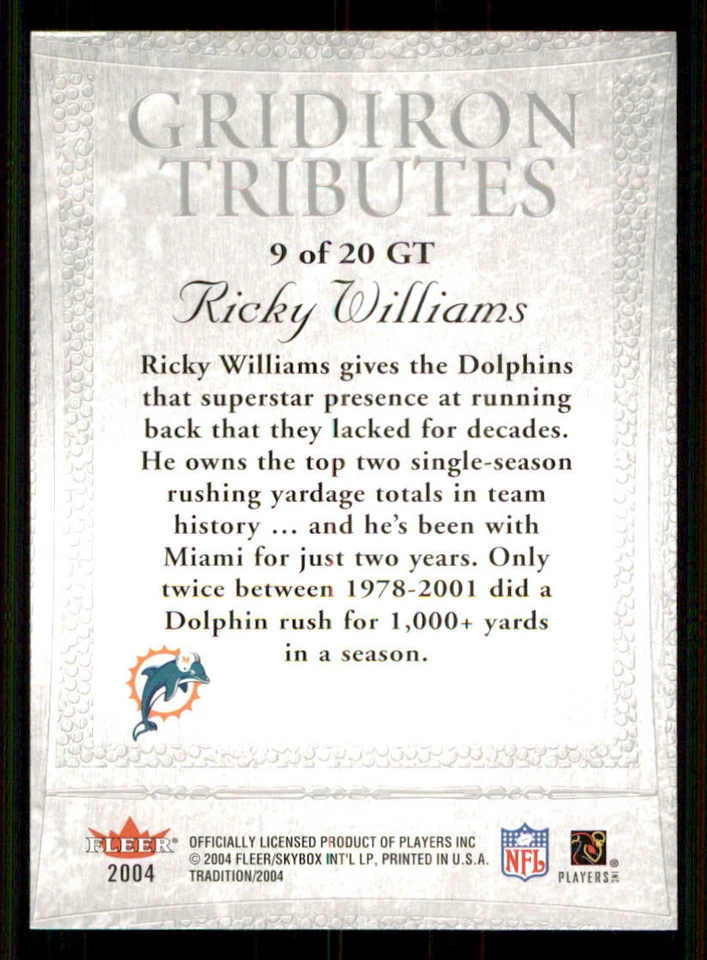 2004 Fleer Tradition Gridiron Tributes #9GT Ricky Williams - Image 2 of 2