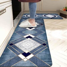 Blue Kitchen rug mats Set of 2 Navy Grey Geometric Gold Line Modern Kitchen Rug