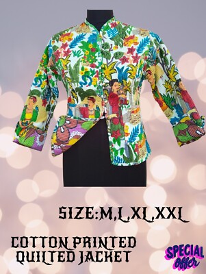 Indian White Frida Kahlo Reversible Cotton Quilted Jacket Women Clothing Jacket