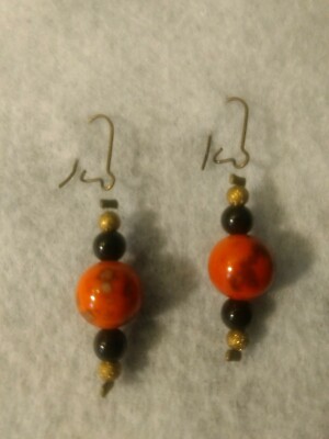  Orange & Black round Bead hook earrings w gold accents OSU earrings FALL Theme