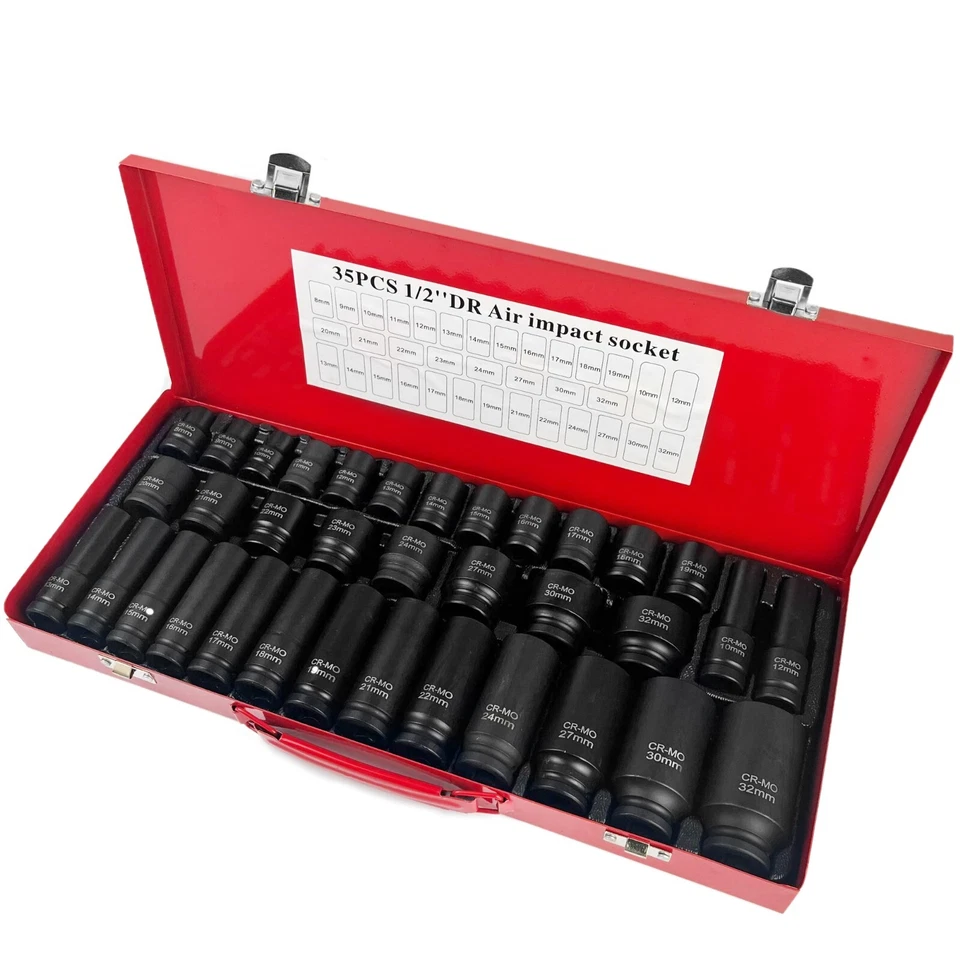 35pcs 1/2" Sq Metric Drive Deep Impact Socket Tool Set Garage Kit 8-32mm + Case - Image 2 of 4