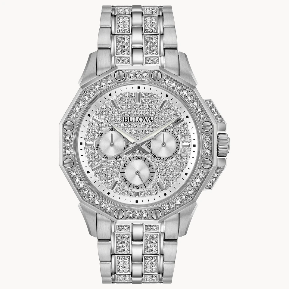 Bulova Men's Crystal Quartz Day / Date Silver Stainless Steel Watch 42 MM 96C134