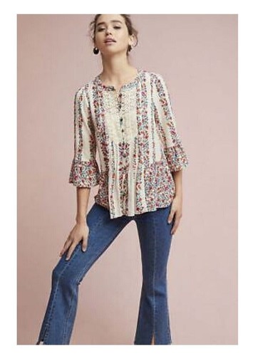Maeve Hiver Peasant Blouse Size 2 Ivory Floral Lace Panel Anthropologie