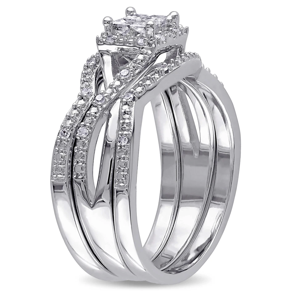Amour Sterling Silver 1/3CT TDW Princess-cut Diamond Bridal Ring Set - Image 2 of 4