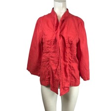 Chicos Red 100 Linen Open Front Jacket Mandarin Collar Raw Edge Seam Size 2 L