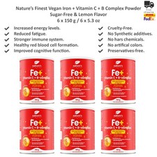 Nature’s Finest Vegan Iron+Vitamin C+B Powder Sugar-Free-Lemon Flavor 150gx6