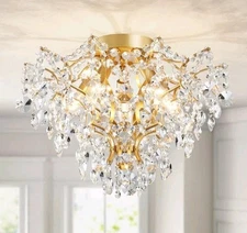 5-Light Crystal Mini Chandelier Flushmount Light H 12" W 15.4", E12 Base, Gold