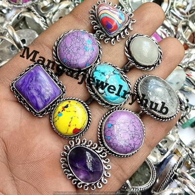 Mosaic Jasper & Mix Gemstone Rings lot 925 Sterling Silver Plated Bulk Jewelry