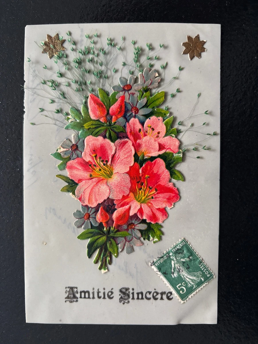 CPA Fantaisie BONNE ANNEE Découpis Roses Ajoutis Ruban rose - DENTELLE