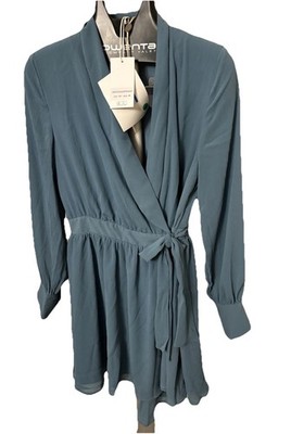 8 by Yoox Teal Wrap Dress Long Sleeve Tie Waist Flowy Mini NWT Size 46 L