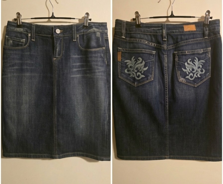 Paige Blue Denim Embroidered Back Pockets Pencil Skirt Button Size 28