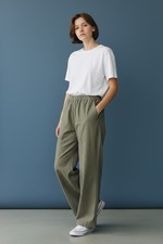Women's Olive Wide-Leg Relaxed Pants Cotton Blend Elastic Waist Pockets