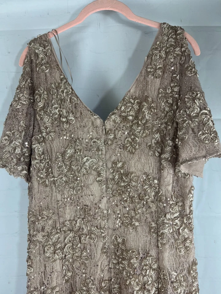 Vestido formal largo de encaje con cuello en V Alex Evenings Soutache para mujer talla 14 dorado usado en excelente estado Foto 3 de 4