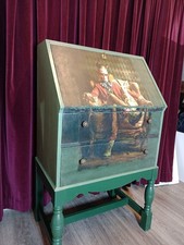 Upcycled Early Vintage Bureau, Workstation, Desk.  Two Drawers. Green. With key.