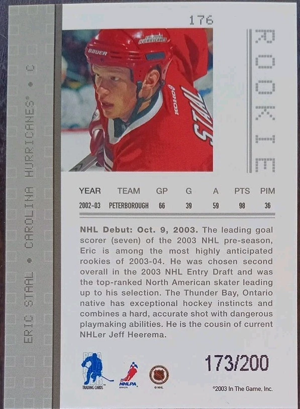 2003 - 2004 ITG Be A Player Eric Staal Rookie Memorabilia Ruby /200 #176 - Image 2 of 2
