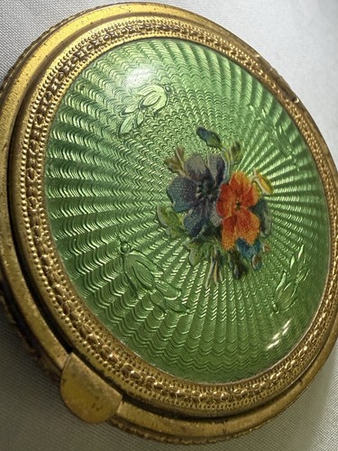 Vintage Green Guilloche Enamel Floral Powder Compact Mirror Puff Made USA