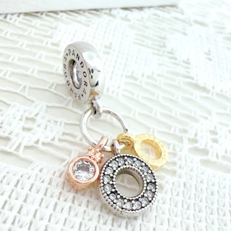 925 Silver & Gold-plated Triple Monogram Pave Dangle Charm fit Moments Bracelet - Image 3 of 4