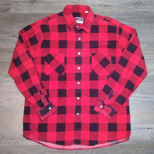 Vintage American Edition Flannel Shirt Mens L Classic Red Plaid Check Casual