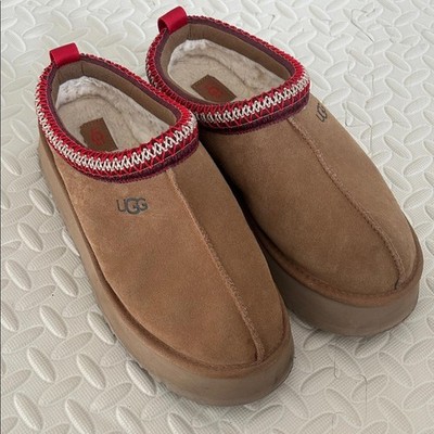 UGG Tazz Hickory Brown Suede Slip-Ons with Red Trim Size 10 
