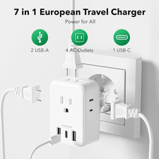 European Travel Plug Adapter, Power Plug Adapter with 4 AC Outlets and 3 USB ...