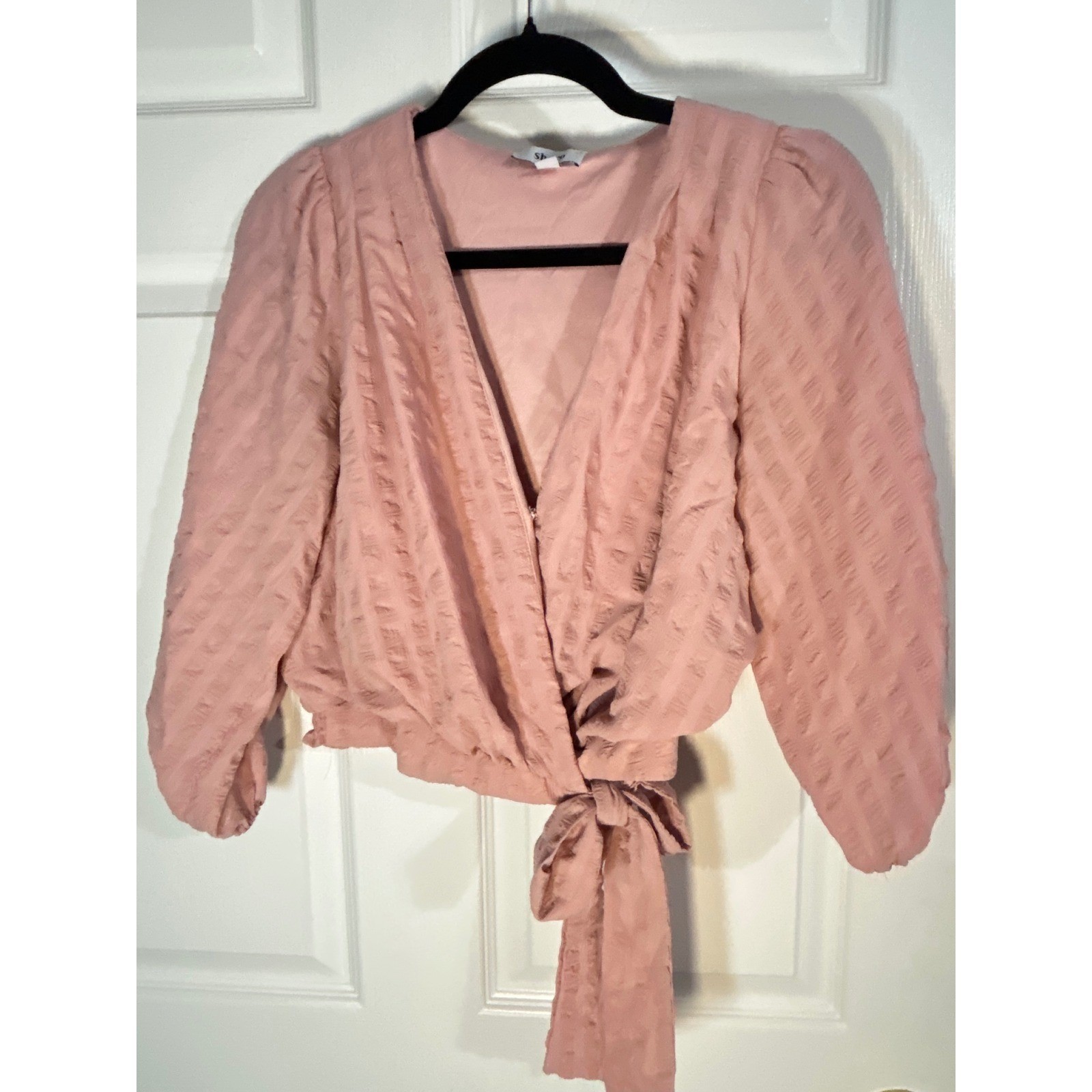 Womens Wrap Blouse Top Pink Long Sleeve Tie Front M Medium Beach Whimsical