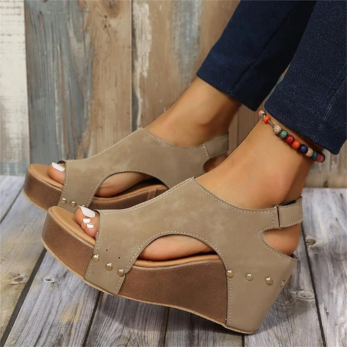Damen-Sandalen offene Zehenpartie Keilabsatz Knöchelriemen Freizeitverschluss bequeme Schuhe - Bild 5 von 16