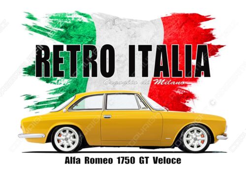 ALFA ROMEO 1750GT VELOCE  t-shirt.  RETRO ITALIA. CLASSIC CAR. - Afbeelding 1 van 3