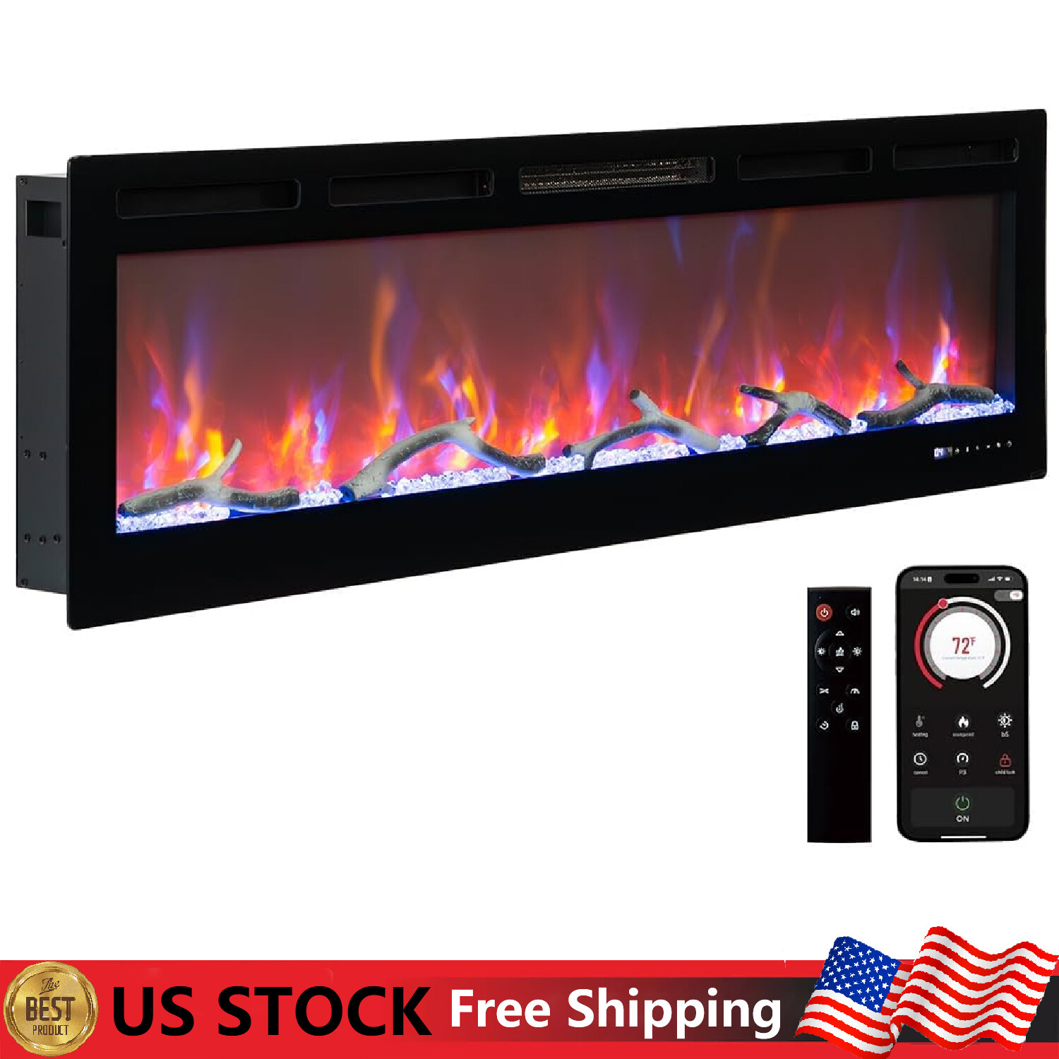 60" Electric Fireplace 1500W Heater Recessed Wall Mounted Fireplace Smart Wifi 