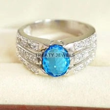 Blue Topaz Oval Cut Gemstone With 925 Sterling Silver Ring For Men's #A879