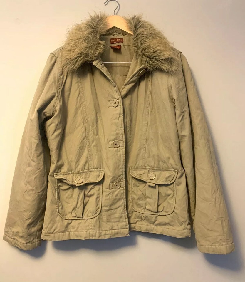 Blue Ridge Camel Cotton Parka Jacket Size 16 Removable Faux Fur Collar Pockets