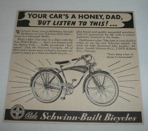 1940 SCHWINN bicycle ad ~ Your Car's A 