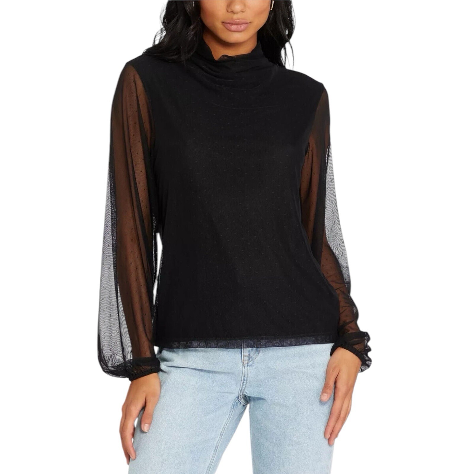 Sanctuary Midnight Hour Black Mock Neck Sheer Sleeve Swiss Dot Women Size S Mesh