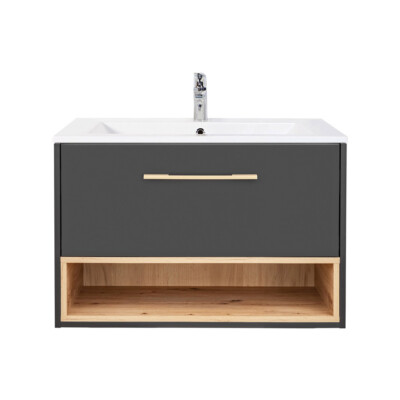Waschtisch 80cm Keramik Waschbecken anthrazit Eiche Badezimmer Bad Badmöbel