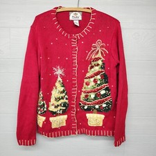 Vintage Tiara International Red Christmas Tree Cardigan Sweater Womens Size S