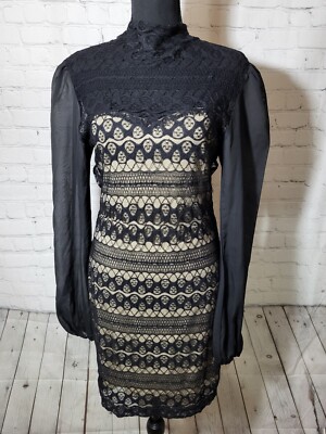 Nude & Black Lace Knee Length Sheer Long Sleeve Mock Neck Dress Large | eBay Nude & Black Lace Knee Length Sheer Long Sleeve Mock Neck Dress Large | eBay