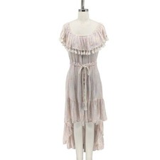 True Colours Striped Off Shoulder Pom Pom Dress White M high low bohemian summer