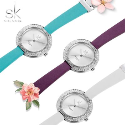 SK Damen Ausgefallene Leder Uhren Edelstahl Glieder Diamanten Zifferblatt Eleganter Stil