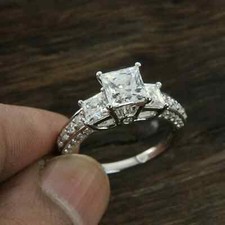 3 Ct Princess Cut Natural Moissanite 3-Stone Engagement Ring 925 Sterling Silver