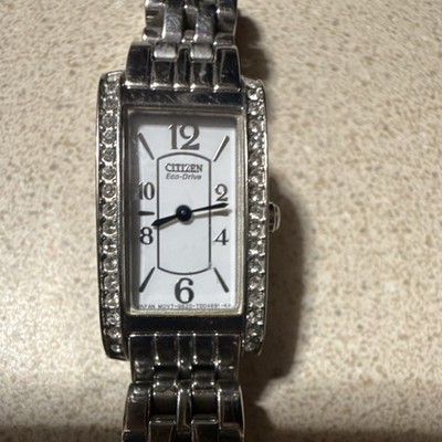 Citizen Eco-Drive Women's Quartz White Dial Silver Rectangle Watch Gem-Set