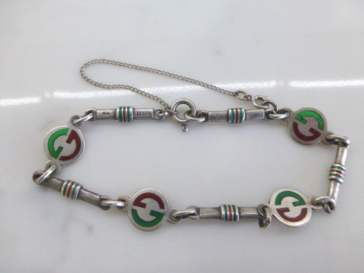 GUCCI Italy GG Red Green Enamel Sterling Silver 925 Station 