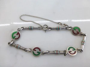 Bracelet GUCCI Italie GG émail rouge vert argent sterling 925 maillons station 7"
