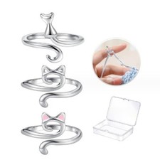 3pcs Crochet Ring Adjustable Zinc Alloy Cat Open Yarn Guide Finger Holder