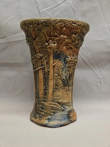 Antique 1915 WELLER Art Pottery FOREST 8" Flared VASE Path BLUE Brown