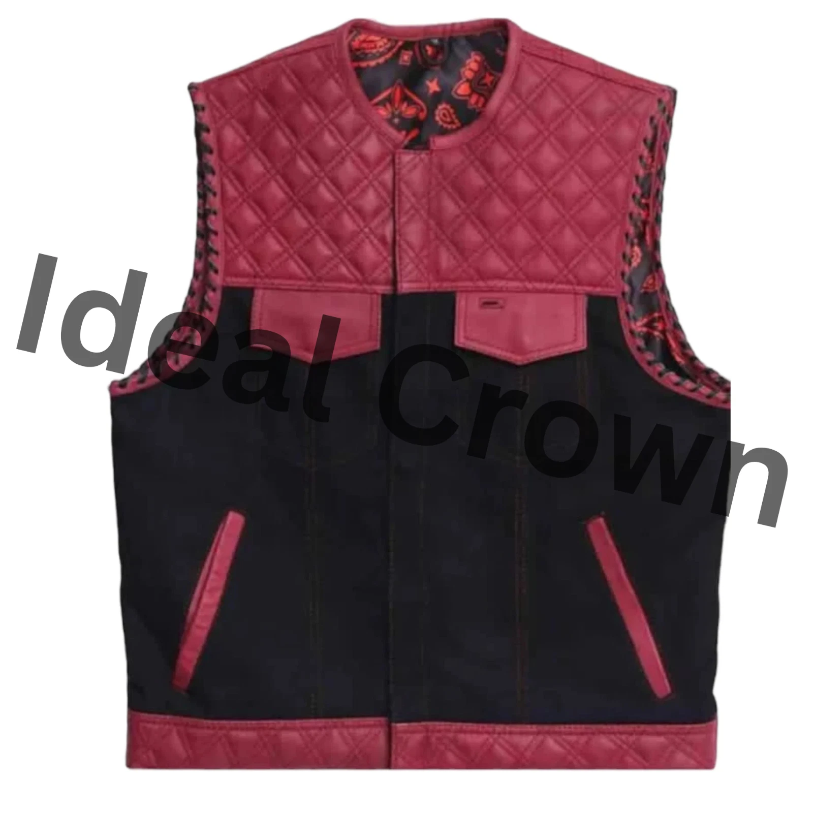 Men Black Red Handmade Leather Biker Vest Paisley Lined Motorcycle Waistcoat
