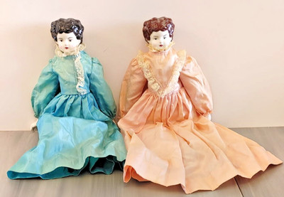 VTG China Pretty Face Head, Hands & Feet Cloth Body Dolls (Set of 2)
