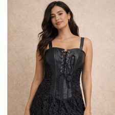 Black Lace Corset Bustier Dress Faux Leather Lace-up Gothic Steampunk Sz M