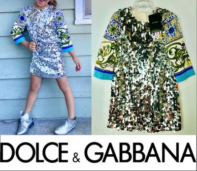 Dolce & Gabbana 2016 Girl Boutique Majolica Print Dress 4 5 6 Sequin Bow Kids M