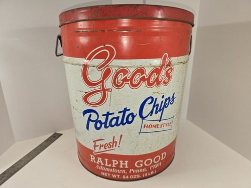 vintage red & white Good’s Potato Chips tin with advertising text for Ralph Good - Picture 1 of 4