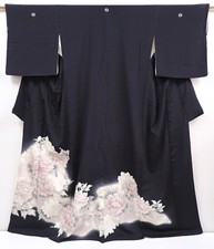 6312T08z1230 Vintage Japanese Kimono Silk TOMESODE Peony Black
